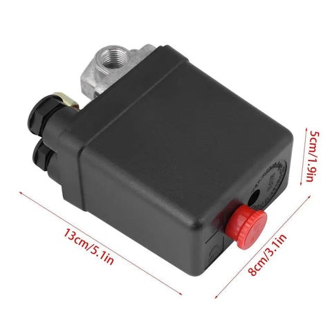 Air Compressor Pressure Switch With Red On Off Knob Durable Four Port Inlet Easy Install High Performance PSI Control For Home Shop Projects And DIY Reliable, black rectangular unit with labeled dimensions.