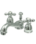 Restoration Style Mini Widespread Lavatory Faucet With Metal Cross Handle in polished chrome, classic vintage look for 4 to 16 inch spreads.
