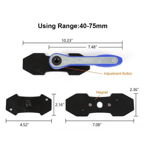 G-PLUS 360° brake caliper press tool with blue handle and black mounting plates, side view