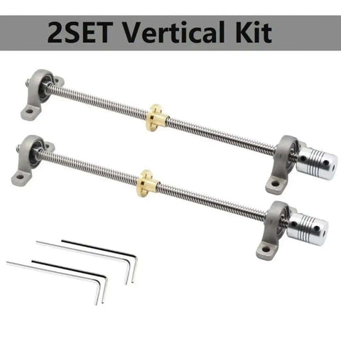 Two Pack 3D Printer Parts T8 Lead Screw Kit Stainless Steel Vertical Or Horizontal Mounts 8mm Outer Diameter With Nut And Bearing Blocks For Custom Builds vertical kit with two lead screws, bearing blocks, couplers, and hex keys