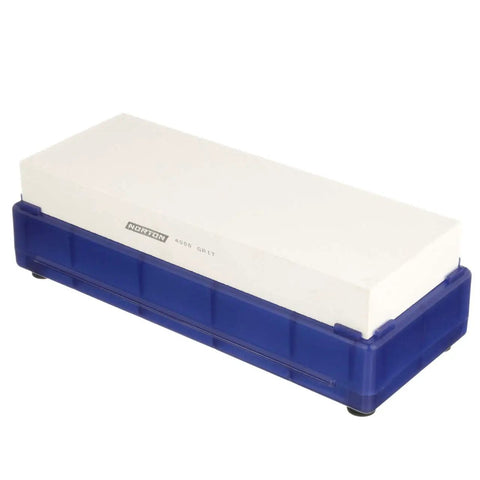 Knife Sharpener Whetstone 4000 Grit Japanese Waterstone With Holder For Razor Sharp Edges, rectangular white stone on blue base