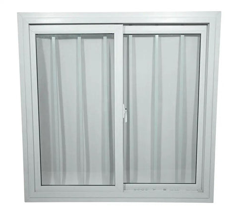 Hella Durable 44X44 Inch Dual Pane Sliding Window With Reinforced Security Bars And Weather Sealed PVC Frame, front view.