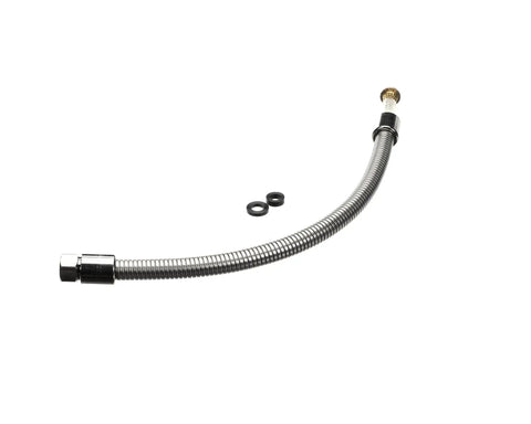 B-0024-H2A Flexible Stainless Steel Hose With Minimal Handle For Commercial Kitchen Faucets And Valves Heavy Duty Bendable Water Supply Line For Easy Install At Sinks Or Prep Stations, brass fittings, and washers.