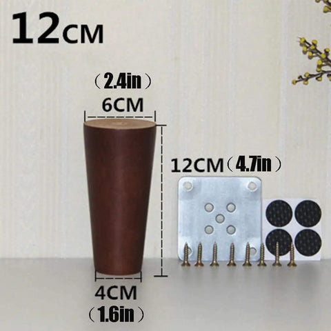 Spice Up Your Setup With These Top Shelf Solid Wood Furniture Legs, 4 Pack Dark Walnut Conical Table Feet, Heavy Duty Upgrade Fits Any Desk Or Cabinet, showing dimensions and hardware.