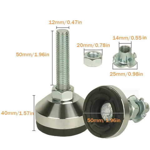 Heavy Duty Adjustable Furniture Leg Levelers With 1.96 Inch Base, M12 Thread, 1300 Lb Capacity, threaded inserts in four pack