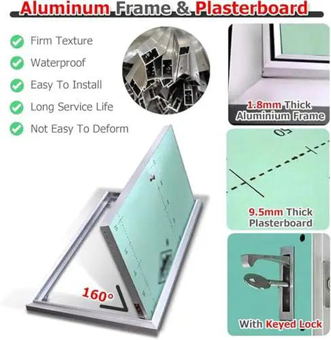 Adjustable Drywall Access Panel With Keyed Lock And Fire Rated Aluminum Shell showing aluminum frame and plasterboard features.