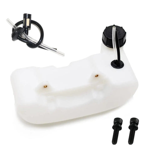 Gas tank with cap for 43cc to 55cc garden tools and rides, bottom-mount design, includes mounting screws, 1.5L capacity.