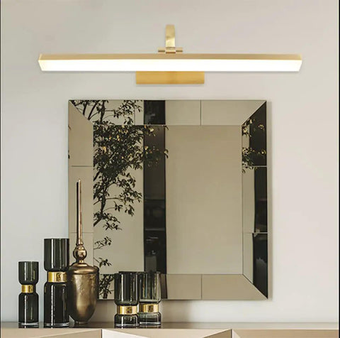 Lit Vanity Light With Brushed Brass Arc Arm Sconces Long Acrylic Linear Wall Light In Gold Adjustable above mirror