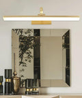 Modern Brushed Brass Vanity Wall Light With Arc Arm Sconces, above mirror, long acrylic linear LED, 180-degree rotatable