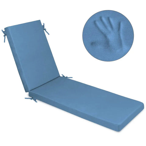 Memory Foam Outdoor Chaise Lounge Cushion With Waterproof And Washable Cover In Blue Ultra Plush Pad For Patio Deck Or Lawn Super Comfy Support For Hours Of Relaxation, shown flat with a close-up of the foam texture.