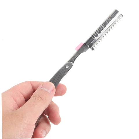 Heavy Duty Stainless Steel Manual Razor With Old School Vintage Design And Solid Body Construction For Clean Beard Layout And Smooth Sideburn Grooming Rig held in hand.