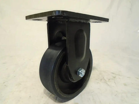 Badass 6 Inch Polyurethane Caster Pack Featuring 2 Swivel And 2 Rigid Drop Forged Kingpinless Build, close-up of a rigid caster.