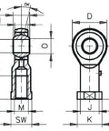 Technical drawing of Top Shelf Metric Rod End Spherical Bearing With Inline Grease Fitting 5 Mm Bore M5 Threads 18 Mm Outer Diameter.