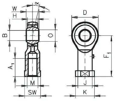 Technical drawing of Top Shelf Metric Rod End Spherical Bearing With Inline Grease Fitting 5 Mm Bore M5 Threads 18 Mm Outer Diameter.
