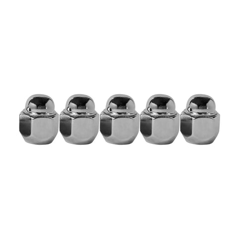Infiniti Nissan Wheel Lug Nuts Set 5 Pack M12x125 BeefedUp Heavy Duty TenPointNine Steel lined up, reflective finish
