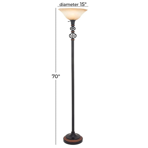 Antique Style Torchiere Floor Lamp In Black Finish Tall Standing Lighting For Living Room Solid Iron With Glass And Polystone Accents Classic Vibe Meets Modern Ambience Sleek And Dope Look 15 Inches By 15 Inches By 70 Inches