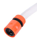 Cordless Stick Water Transfer Pump Kills Heavy Duty Draining With Zero Sweat Generating Five Hundred Fifty Four GPH Flow Pushing Liquid Up Twenty Nine Point Five Feet For Pool Pond And Boat Jobs Plugging Straight Into Standard Twenty Volt Batteries hose connector close-up with orange threaded end.