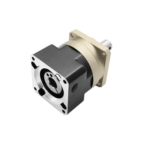 Top Shelf Helical Gear Reducer Box Compatible With Nema 17 23 Stepper Motors Rock Solid Torque Output 20 To 1 Speed Ratio, black and silver gearbox.
