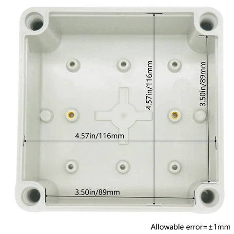 IP67 Waterproof Junction Box ABS Plastic Outdoor DIY Electrical Enclosure Weatherproof Dustproof Project Box 125mm Square 75mm Deep Rugged Housing For Electronics And Small Projects, interior view with 116x116x69.8 mm dimensions