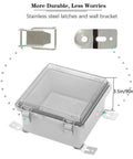 IP67 Waterproof Junction Box With Hinged Clear Cover And Stainless Steel Latch Plastic Enclosure 5.9x5.9x3.5 inches shown
