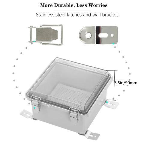 IP67 Waterproof Junction Box With Hinged Clear Cover And Stainless Steel Latch Plastic Enclosure 5.9x5.9x3.5 inches shown