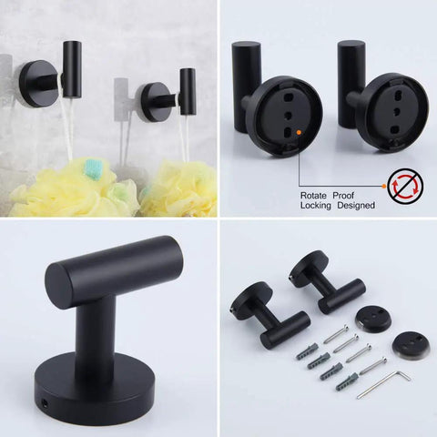 5 Piece Bathroom Accessories Kit In Brushed Stainless Steel Wall Mounted Hardware Set With 24 Inch Double Towel Bar, black robe hooks