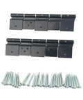 Rock Solid Aluminum RV Door Hinges Complete Replacement Kit For Fifth Wheels And Motorhomes Zero Hassle Setup includes ten black metal hinges and fasteners.