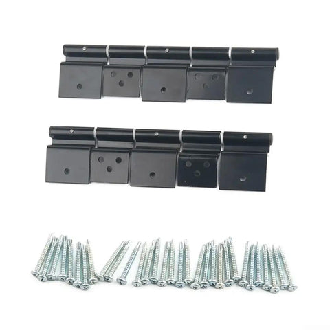 Rock Solid Aluminum RV Door Hinges Complete Replacement Kit For Fifth Wheels And Motorhomes Zero Hassle Setup includes ten black metal hinges and fasteners.