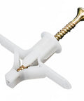 Close-up of a white M8 nylon drywall anchor with zinc plated screw from 50 Pack M8 Nylon Drywall Anchors With Zinc Plated Screws.