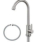 Level Up Your Kitchen Setup With This Top Shelf Cold Water Only Faucet Crafted From Lead Free SUS304 Stainless Steel Featuring A Smooth 360 Degree Swivel And Durable Brushed Nickel Finish - close-up of spout and hose.