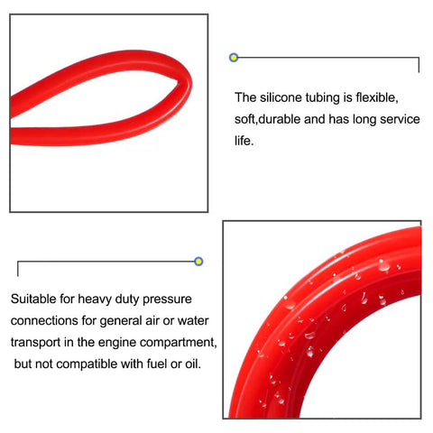 Pro Grade Red Silicone Vacuum Tubing For Food Grade Transfer, Half Inch ID, Five Eighths Inch OD, 3.28 Feet Long shown with water droplets