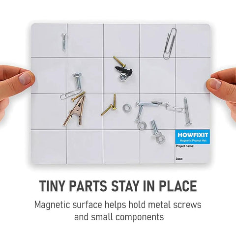 Hands holding Magnetic Project Mat And Screw Organizer Pad For Electronics Repair, with metal screws and fasteners organized on surface.