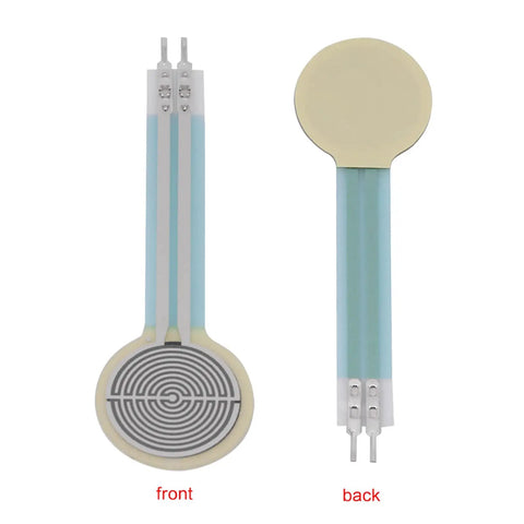 FSR402 Thin Film Pressure Sensor For Arduino And DIY Projects, Force Sensitive Resistor 0g To 10kg Range, Long Tail Flexible Cable, Easy Hookup For Precise Force Measurement In Industrial And Hobby Kits. Front and back view of round FSR402 sensor with flexible tail