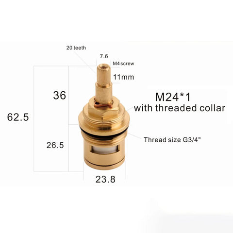 Replacement Faucet Cartridge With Ceramic Disc And Brass Body, Three Quarter Inch Thread, Quarter Turn, labeled measurements.
