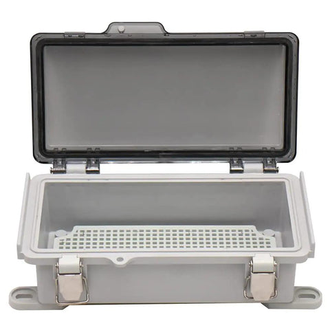 Small Outdoor Waterproof Junction Box Enclosure IP67 with transparent cover, open view, rugged ABS plastic body, 7.9x3.9x2.8 inches