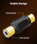Straight Fire Gold Plated Rca Female To Female Coupler Extender with knurled grip and gold-plated ends for solid audio connections.