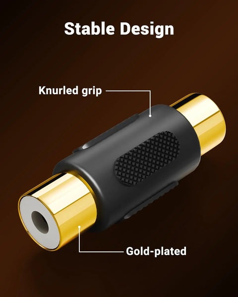 Straight Fire Gold Plated Rca Female To Female Coupler Extender with knurled grip and gold-plated ends for solid audio connections.