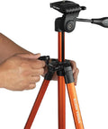 Person adjusting lightweight aluminum tripod with mount for laser levels, showing its flexible and stable features for uneven terrain.