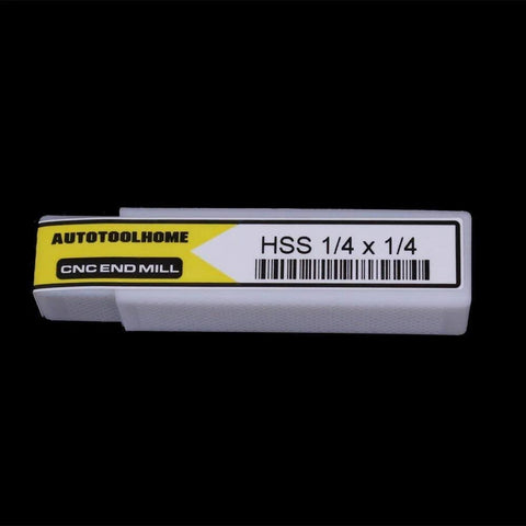 Front view of AUTOTOOLHOME HSS 1/4 x 1/4 end mill set in white case, 4-flute, straight shank, pack of 2