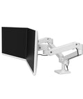 Heavy Duty Dual Monitor Desk Mount Stand With Smooth Swivel Arm and Perforated Base For Desktop Computer Setup side view of monitor arm