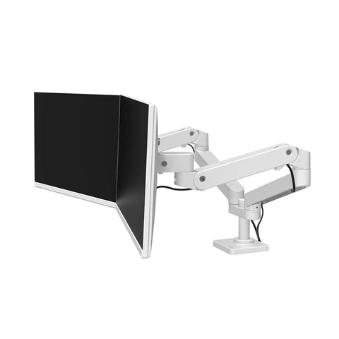 Top Shelf Dual Monitor Stand With Rock Solid Swing Arm Mount For Desktop Computers, white ergonomic mount shown holding a monitor.