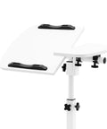 Adjustable Height Rolling Standing Desk With Locked Down Casters And Swivel Surface Lightweight Mobile Laptop Table For Home Office Over Bed No Sweat Assembly Slick White Finish, close-up of white top and adjustments.