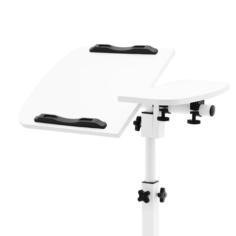 Adjustable Height Rolling Standing Desk With Locked Down Casters And Swivel Surface Lightweight Mobile Laptop Table For Home Office Over Bed No Sweat Assembly Slick White Finish, close-up of white top and adjustments.