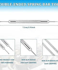 Double-ended spring bar tool with non-slip design for easy gripping, shown with detailed close-ups and dimensions for precise use.