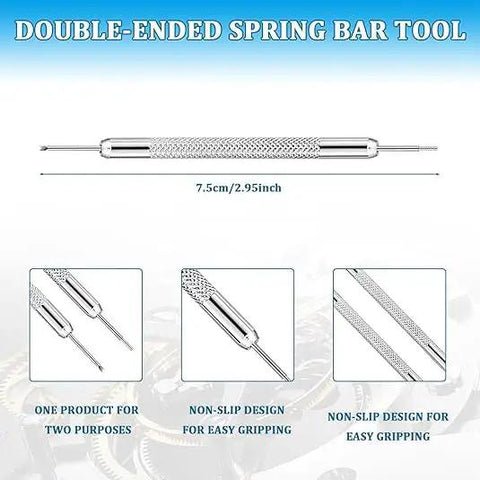Double-ended spring bar tool with non-slip design for easy gripping, shown with detailed close-ups and dimensions for precise use.