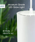 Solid Aluminum Hanging Grow Light For Houseplants 40W Full Spectrum Warm White With Built In Timer 15Ft Fabric Cord Decorative Pendant Lamp close-up view with white finish.