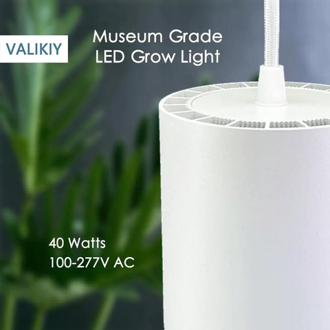 Solid Aluminum Hanging Grow Light For Houseplants 40W Full Spectrum Warm White With Built In Timer 15Ft Fabric Cord Decorative Pendant Lamp close-up view with white finish.