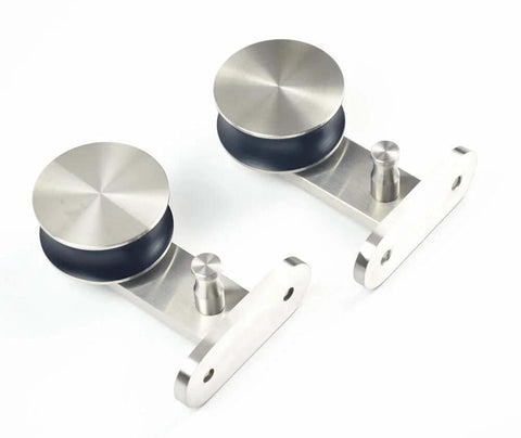 8 Foot Brushed Stainless Steel Bypass Sliding Barn Door Hardware Kit For Low Ceiling Top Mount System With Heavy Duty Rollers Long Track Rails Wall Connectors Floor Guides And Stopper Set close-up of stainless steel rollers