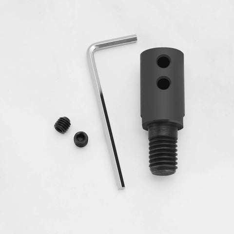 Front view of black metal angle grinder blade sleeve adapter with two mounting holes and threaded end; includes L-shaped hex key and screws