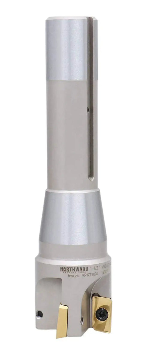 1-1/2 Inch Diameter Indexable End Mill With 6-1/8 Inch OAL, 90 Degree R8 Shank, Four APKT1604 Carbide Inserts Tin Coated, Right-Hand Cut, 90 Degree Cutting Angle, Inserts Installed, No Coolant